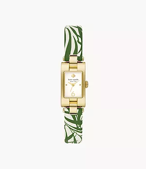 kate spade new york brookville three-hand green palm leaf leather watch