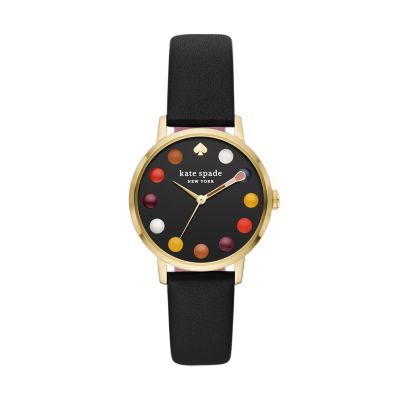 kate spade new york metro three hand black leather watch KSW1767