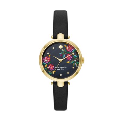 kate spade new york holland three-hand black leather watch