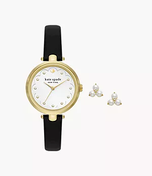 kate spade new york holland three-hand black leather watch and earrings set