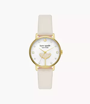 kate spade new york metro three-hand champagne white leather watch