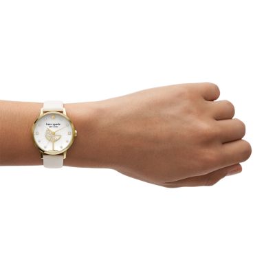 kate spade new york metro three-hand champagne white leather watch