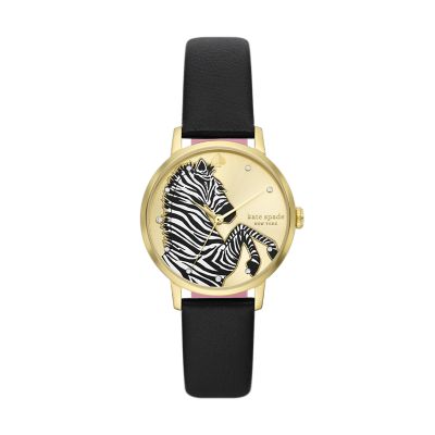 kate spade new york metro three hand zebra black leather watch