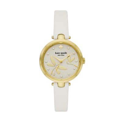 kate spade new york holland three-hand white leather watch