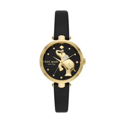 Kate Spade New York Holland Three Hand Black Leather Cat Watch KSW9053 Watch Station