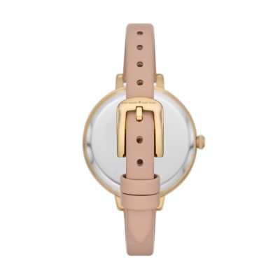 Kate Spade New York Womens Metro Flower Watch & Earrings Set, Beige Leather  Band