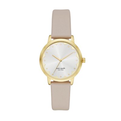 kate spade new york metro three-hand champagne white leather watch