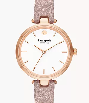 kate spade new york holland three-hand rose gold-tone glitter leather watch 