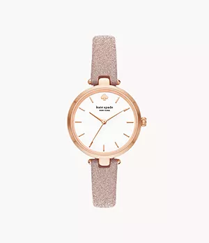 kate spade new york holland three-hand rose gold-tone glitter leather watch 
