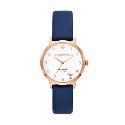 kate spade new york metro three-hand navy leather cocktail watch