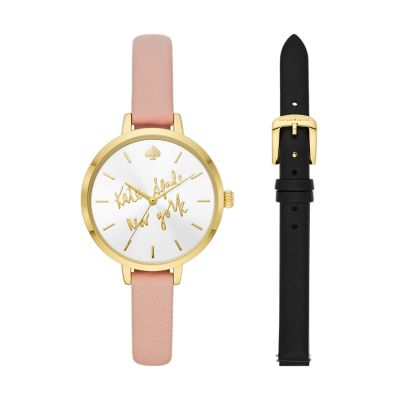 Kate Spade New York Women's Metro Three-Hand Blush Leather Watch And Strap Set - Black / Pink