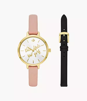 Ensemble avec montre à trois aiguilles et bracelet en cuir rose poudré Metro Kate Spade New York