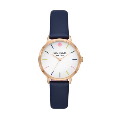 kate spade new york metro three-hand navy leather cocktail watch