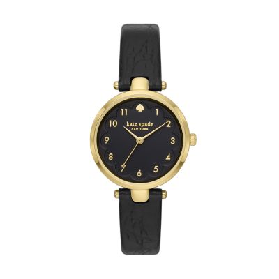 kate spade new york holland three-hand black leather watch