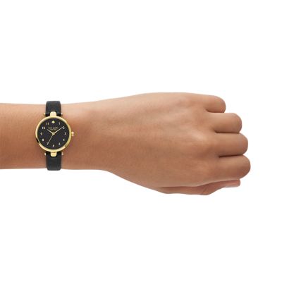 kate spade new york holland three-hand black leather watch