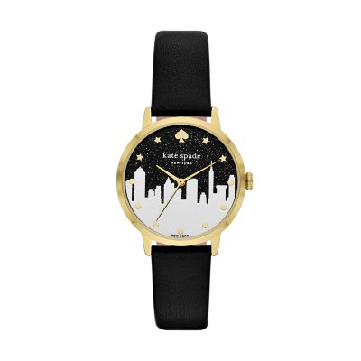 kate spade new york metro three-hand black leather watch - KSW9068