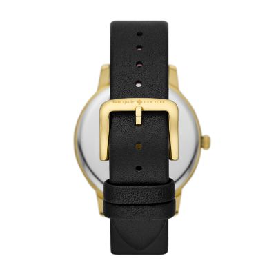 kate spade new york metro three-hand puppy black leather watch