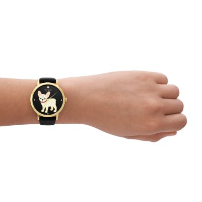 kate spade new york metro three-hand puppy black leather watch