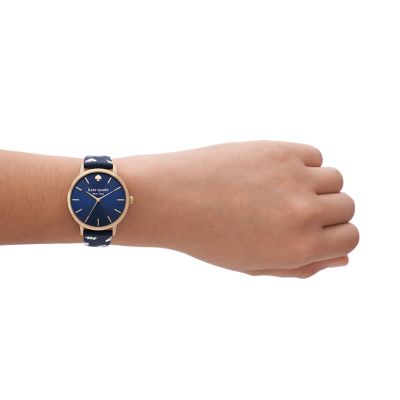 kate spade new york metro three-hand floral blue leather watch