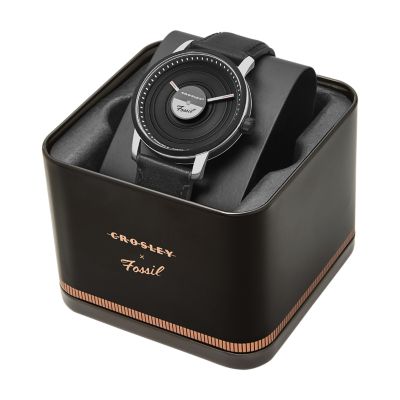 Limited Edition Fossil x Crosley Three-Hand Black Leather Watch - Fossil
