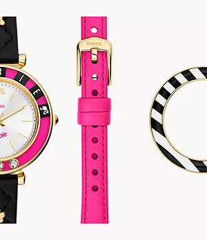 Coffret en série limitée de montre à trois aiguilles avec date Barbieᴹᶜ x Fossil en cuir LiteHideᴹᶜ noir et de bracelet interchangeable