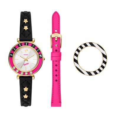 Barbie™ x Fossil Limited Edition Three-Hand Black LiteHide™ Leather Watch and Interchangeable Strap Box Set