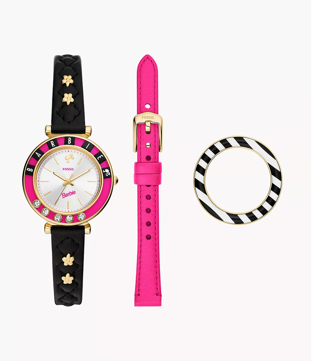 Barbietm X Fossil Limited Edition Three-Hand Black Litehidetm Leather Watch And Interchangeable Stra