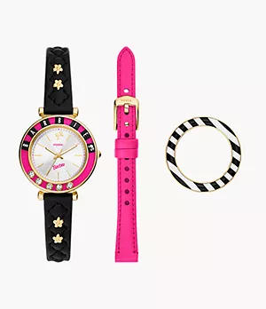 Conjunto de reloj Barbie™ x Fossil en edición limitada de piel LiteHide™ en color negro con tres agujas y correa intercambiable