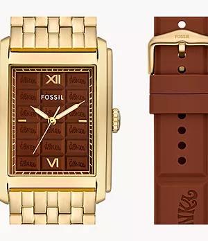 Reloj de Willy Wonka™ x Fossil en edición limitada de acero inoxidable en tono dorado con tres agujas