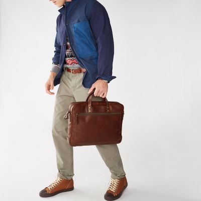 Fossil Men's Haskell Leather Briefcase - Cognac