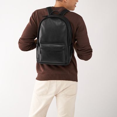 Moss Bros Men's Black Grained Leather Backpack - Backpacks