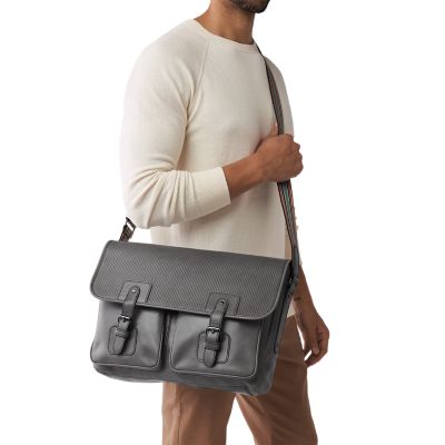 Grey leather store messenger bag