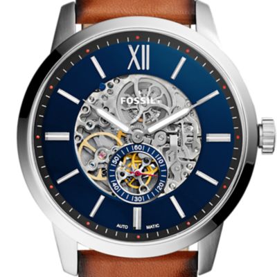 mens brown leather watch with blue face