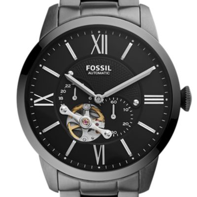 stainless steel watch with black face