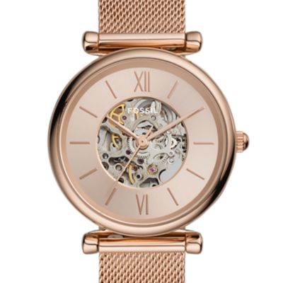 Montre Carlie automatique en maille milanaise inoxydable doré rose