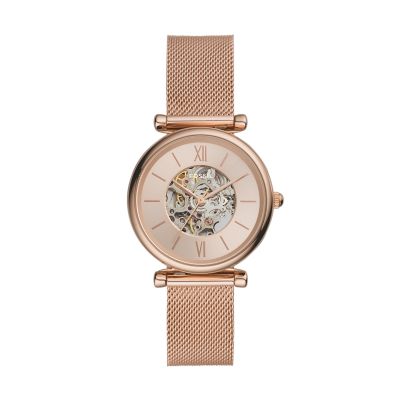 Montre Carlie automatique en maille milanaise inoxydable doré rose