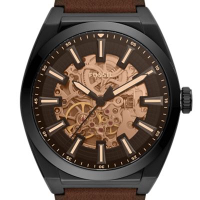 Reloj automático Everett de piel LiteHide™ en color marrón oscuro
