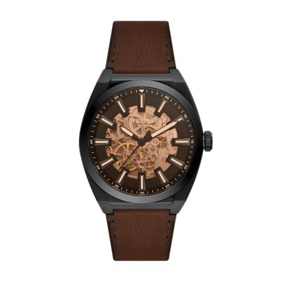 Reloj automático Everett de piel LiteHide™ en color marrón oscuro