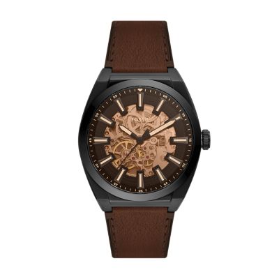 Montre Everett automatique, en cuir LiteHide™, brun foncé