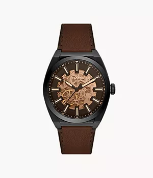 Reloj automático Everett de piel ecológica en color marrón oscuro