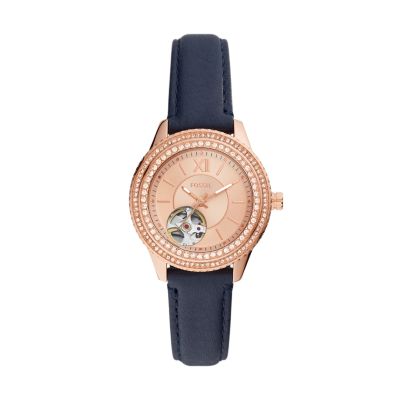 

Fossil Femmes Montre Stella automatique en cuir écoresponsable bleu marine