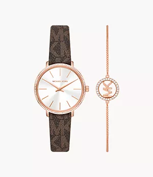 Michael Kors Pyper Two-Hand Brown PVC Watch and Bracelet Set