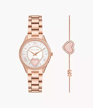 Michael Kors Lauryn Three-Hand Rose Gold-Tone Stainless Steel Watch and Bracelet Set
