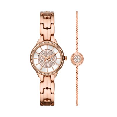 Michael Kors Allie Three-Hand Rose Gold-Tone Stainless Steel Watch Bracelet Set MK1039 - Watch Station