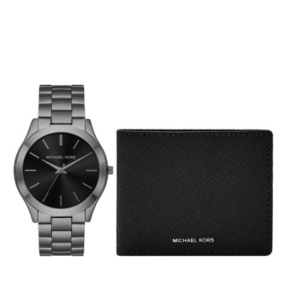 Michael Kors Men's Slim Runway Three-Hand Gunmetal Stainless Steel Watch And Wallet Gift Set - Gunmetal