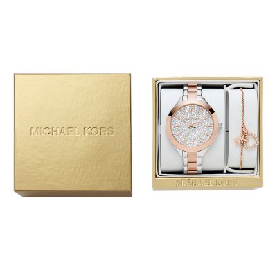 Michael Kors Set Armband Uhr Watch - - Edelstahl MK1045 Slim 3-Zeiger-Werk zweifarbig Station Runway