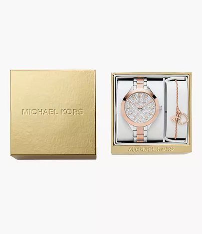 Michael Kors Set Armband Uhr Slim Runway 3-Zeiger-Werk Edelstahl zweifarbig  - MK1045 - Watch Station