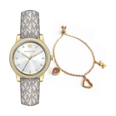 Michael Kors Tibby Three-Hand Vanilla PVC Watch and Bracelet Set 