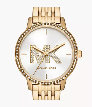 Michael Kors Three-Hand Gold-Tone Stainless Steel Watch and Slider Bracelet Set