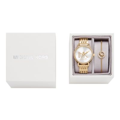 Michael Kors Three Hand Gold Tone Stainless Steel Watch and Slider